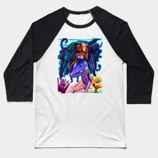 mermaid with flowing braids, sea shell, coral , brown eyes curly Afro hair and caramel brown skin Baseball T-Shirt